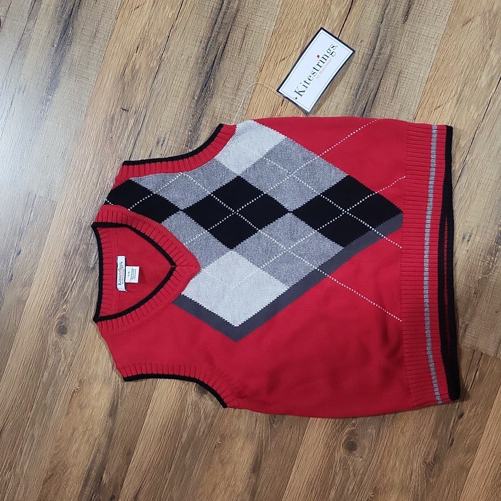 KITESTRINGS by HARTSTRINGS Boy's Red/Black Argyle V-Neck Cotton Sweater Vest